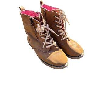 Cat & Jack Combat Boots Kids Size 12 Tan Good Zip Lace Up Pink Polka Dot Lining